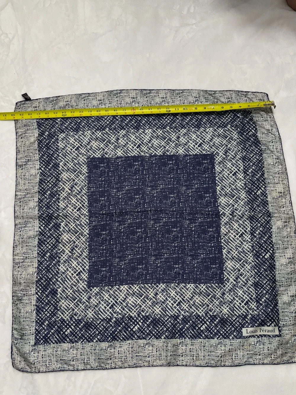 LOUIS FERAUD Vintage Pure Silk Navy and Gray Geometric Square Scarf